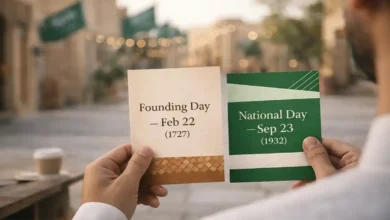 Hands holding two flyers comparing Saudi Founding Day Feb 22 (1727) and Saudi National Day Sep 23 (1932) outdoors in Saudi Arabia.