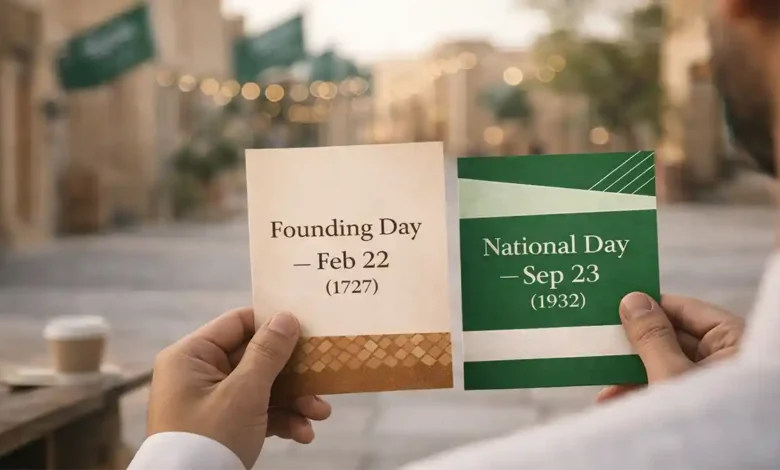 Hands holding two flyers comparing Saudi Founding Day Feb 22 (1727) and Saudi National Day Sep 23 (1932) outdoors in Saudi Arabia.