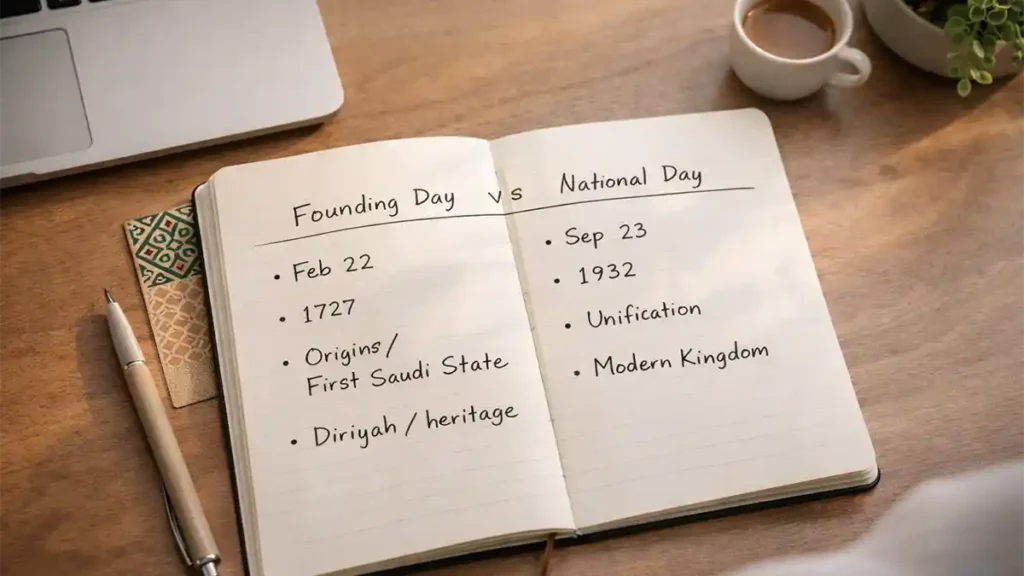 Open notebook on a desk showing a comparison of Saudi Founding Day (Feb 22, 1727) and Saudi National Day (Sep 23, 1932) with coffee and workspace items.