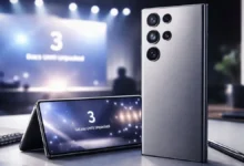 Premium Ultra style smartphone with stylus on desk, event stage lights behind, representing Samsung Galaxy S26 Ultra leaks and Feb 25 launch