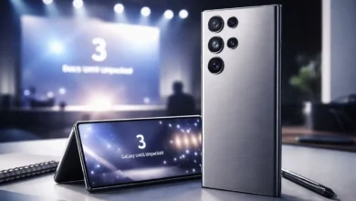 Premium Ultra style smartphone with stylus on desk, event stage lights behind, representing Samsung Galaxy S26 Ultra leaks and Feb 25 launch