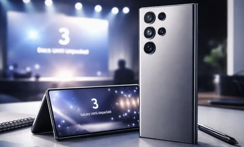 Premium Ultra style smartphone with stylus on desk, event stage lights behind, representing Samsung Galaxy S26 Ultra leaks and Feb 25 launch