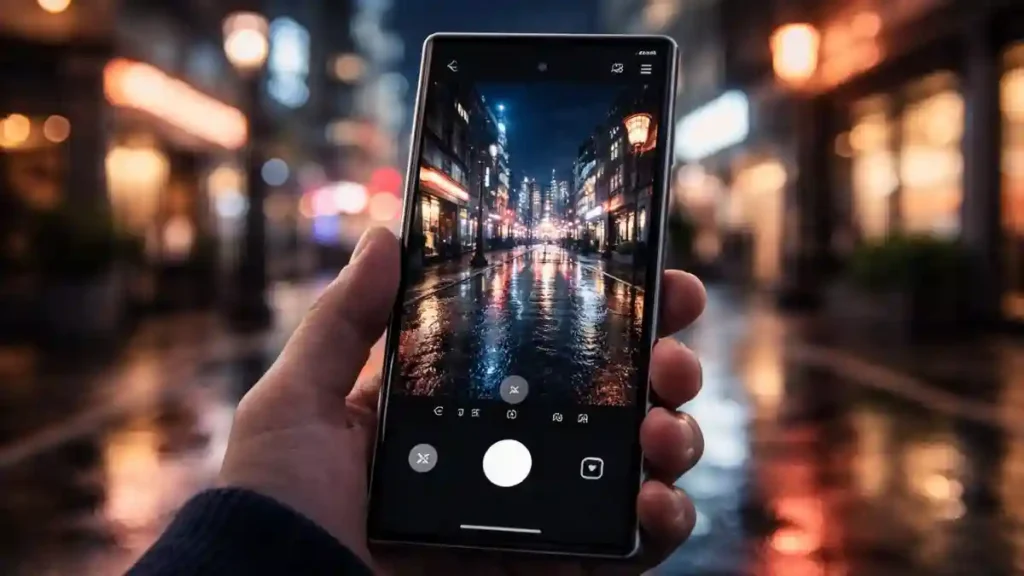 Ultra style smartphone photographing neon reflections at night, showing a blurred camera viewfinder, representing Galaxy S26 Ultra leaks about camera, zoom, and launch