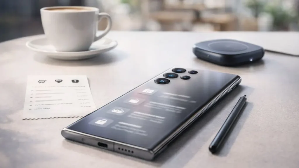 Ultra style smartphone on café desk beside coffee and wireless charger, showing a blurred specs card, representing Galaxy S26 Ultra leaks on specs, price, and launch