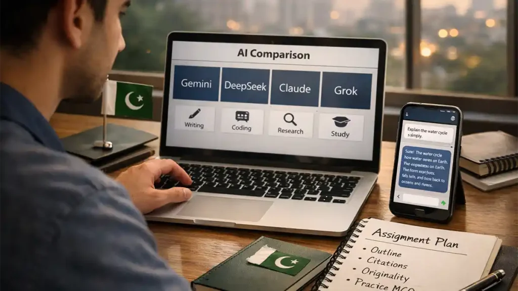 Pakistani university student comparing Gemini, DeepSeek, Claude and Grok on a laptop with study notes and an AI chat on a phone