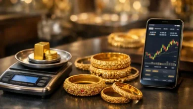 24K gold jewelry and coins on a digital scale with a smartphone showing a gold price chart in a Pakistan sarafa market