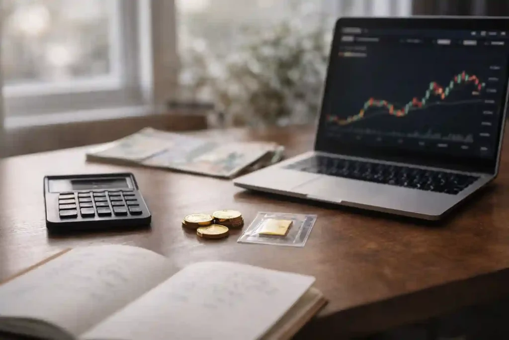 Laptop showing a gold price chart beside gold coins, a small gold bar, calculator, and notebook on a desk in natural daylight