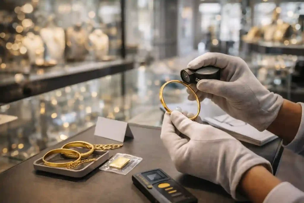 Jeweler wearing gloves inspects a gold bangle with a loupe beside gold jewelry and a handheld tester in a showroom