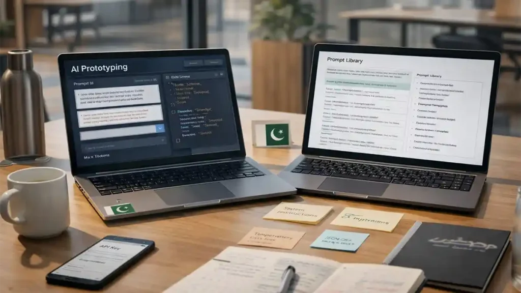 Two laptops in a co working space showing AI prototyping and a prompt library, with notes for system instructions and JSON output in Pakistan.
