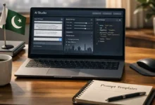 Laptop showing an AI Studio prompt workspace with model settings and JSON output in a Pakistan-based modern desk setup.