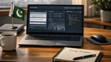 Laptop showing an AI Studio prompt workspace with model settings and JSON output in a Pakistan-based modern desk setup.