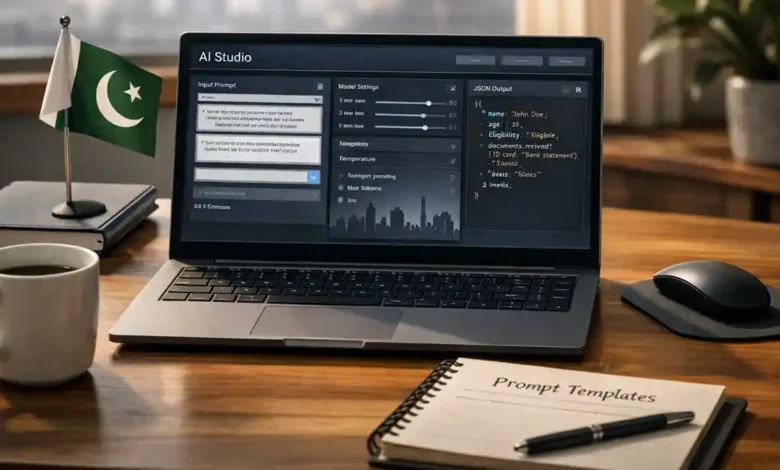 Laptop showing an AI Studio prompt workspace with model settings and JSON output in a Pakistan-based modern desk setup.