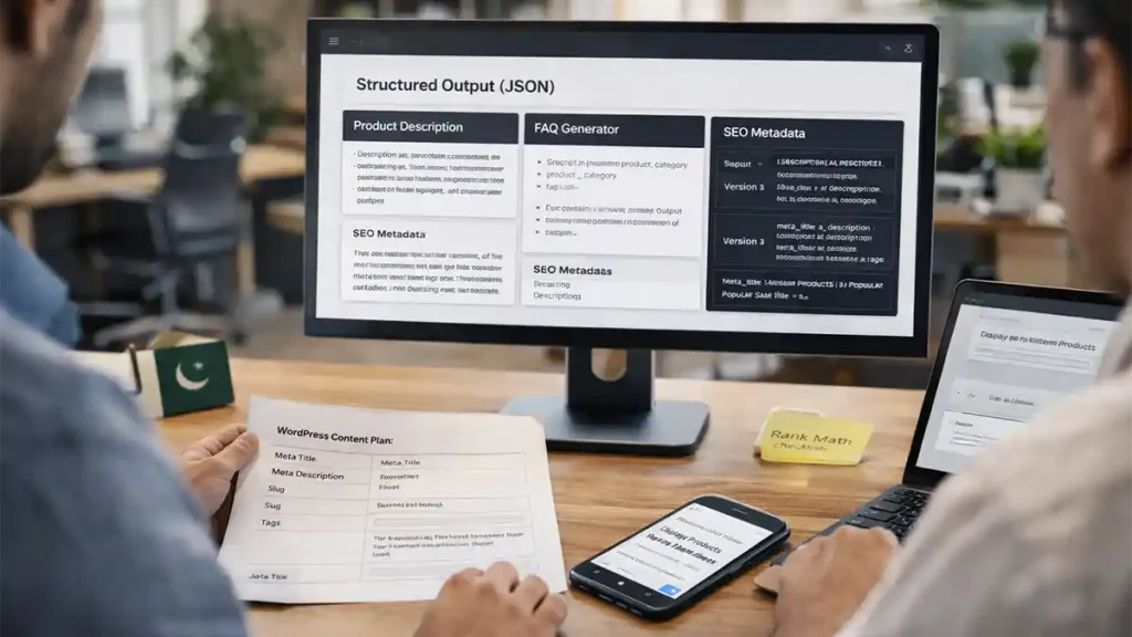 Team in Pakistan using Google AI Studio in Pakistan on a monitor with structured JSON output, creating WordPress SEO metadata and a Rank Math checklist.