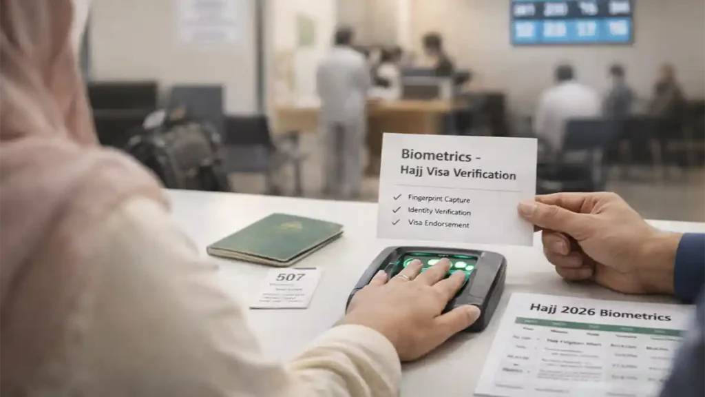 Pakistani pilgrim completing Hajj 2026 biometrics verification for Saudi Hajj 2026 visas with fingerprint scan and appointment sheet