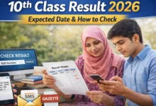 Mother and student checking 10th class result 2026 using phone and printed result sheet in an outdoor setting with online roll number search