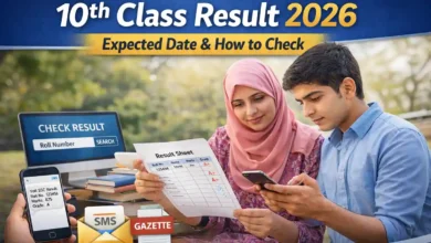 Mother and student checking 10th class result 2026 using phone and printed result sheet in an outdoor setting with online roll number search