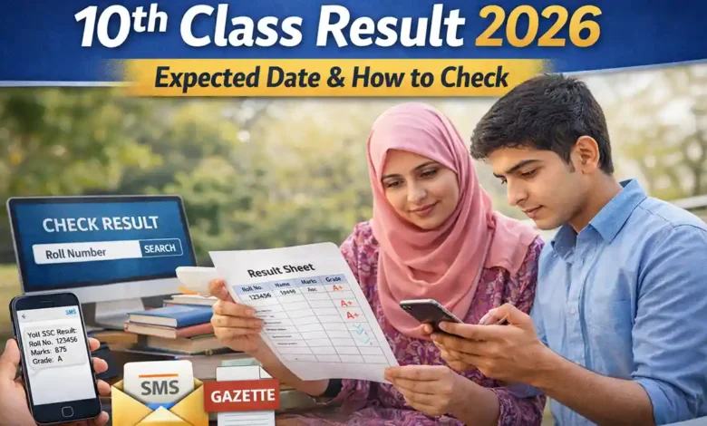 Mother and student checking 10th class result 2026 using phone and printed result sheet in an outdoor setting with online roll number search