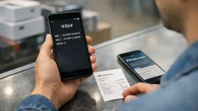 Buyer checking phone IMEI number in a mobile shop in Pakistan before PTA approval and tax status verification