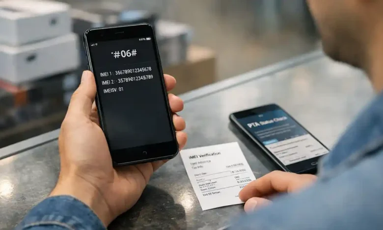 Buyer checking phone IMEI number in a mobile shop in Pakistan before PTA approval and tax status verification