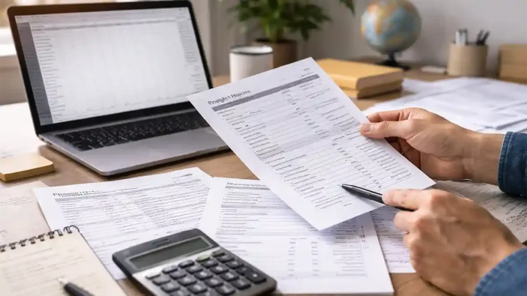 Hands reviewing freight quotes and customs paperwork beside a laptop spreadsheet and calculator, planning costs for a first import shipment from China.