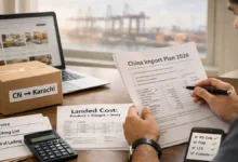 Pakistani beginner planning to import goods from China to Pakistan cheaply in 2026, reviewing landed cost sheet, shipping box, and import documents.
