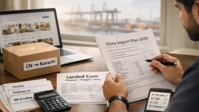 Pakistani beginner planning to import goods from China to Pakistan cheaply in 2026, reviewing landed cost sheet, shipping box, and import documents.
