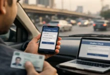 Driver in Karachi checking e-challan online on a smartphone using CNIC and vehicle number.