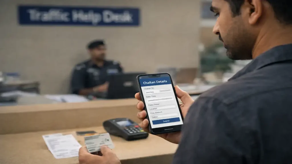 Citizen in Karachi checking challan details on a smartphone at a traffic help desk counter.