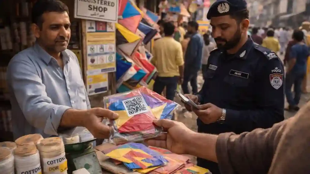 A Lahore kite shop sells QR labeled Basant 2026 kites and cotton string as a police officer checks supplies during the festival.