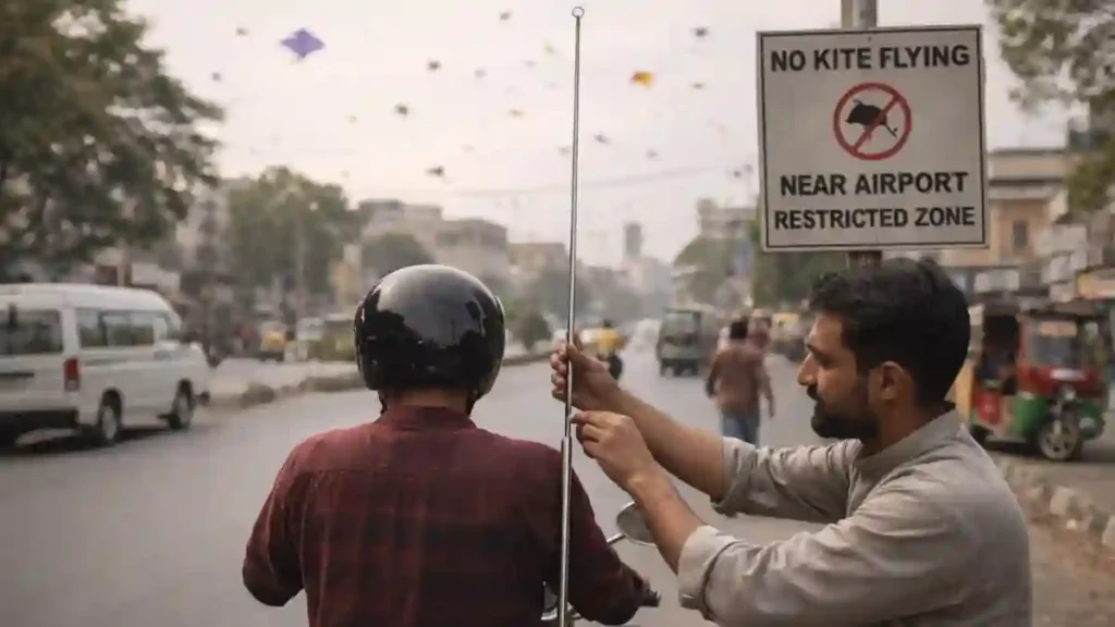 A rider in Lahore installs a motorcycle safety rod during Basant 2026 as kites fly in the distance near a no kite restricted zone sign.