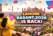 People celebrate Lahore Basant 2026 on a rooftop as colorful kites fly over the Badshahi Mosque, with cotton string and QR-labeled kite packs.