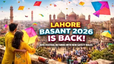 People celebrate Lahore Basant 2026 on a rooftop as colorful kites fly over the Badshahi Mosque, with cotton string and QR-labeled kite packs.