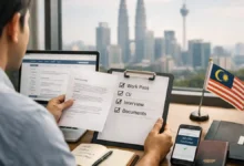Pakistani professional reviewing a Malaysia job offer with work pass, CV, interview and documents checklist in Kuala Lumpur office