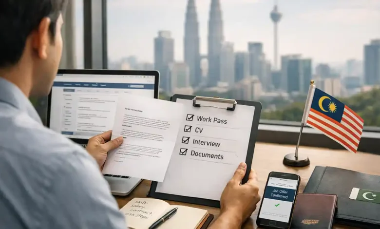 Pakistani professional reviewing a Malaysia job offer with work pass, CV, interview and documents checklist in Kuala Lumpur office