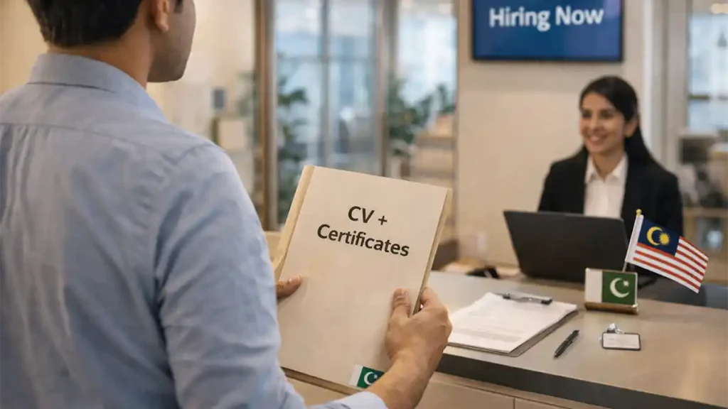 Pakistani applicant submitting CV and certificates at a Kuala Lumpur HR reception desk with hiring notice and Malaysia flag