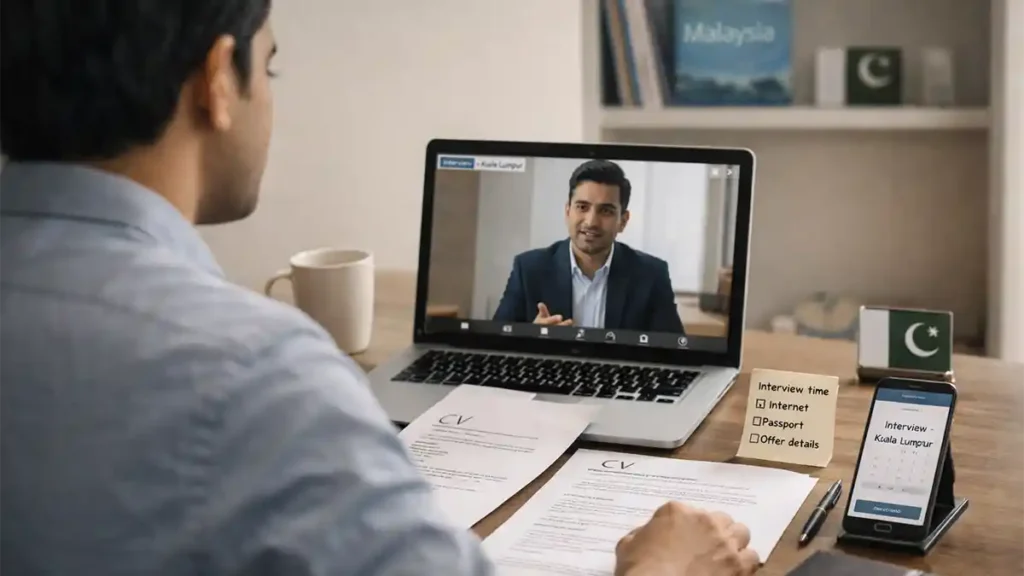Pakistani job seeker attending a video interview for a Kuala Lumpur role with CV, checklist, and interview reminder on desk