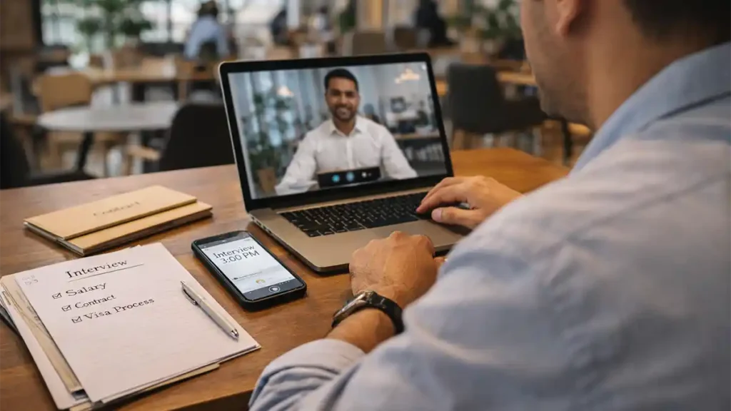 Pakistani candidate attending an online interview for a job in Dubai from Pakistan, with salary, contract, and visa process notes on the table