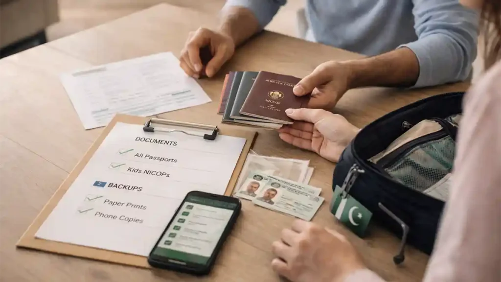 Overseas Pakistani family organizing passports and NICOP cards with a travel checklist and document backups before Pakistan trip in 2026