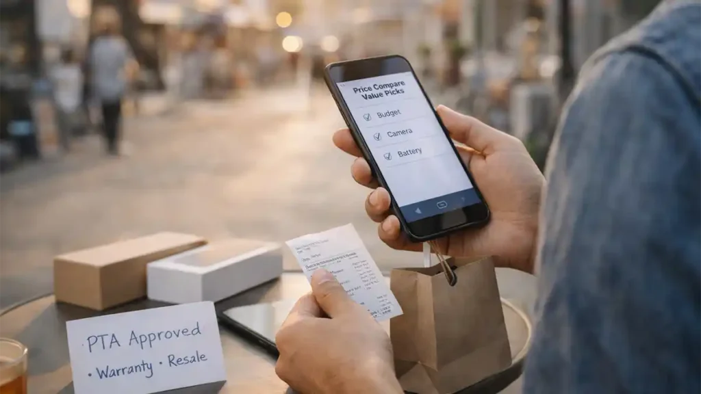 Buyer holding a smartphone with a price compare checklist and receipt near a Pakistan mobile market, highlighting PTA-approved warranty and resale checks in 2026.