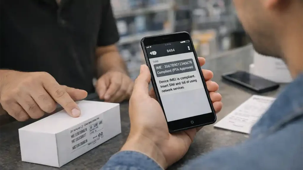 Buyer comparing phone box IMEI sticker and PTA SMS verification result with a seller at a mobile shop in Pakistan