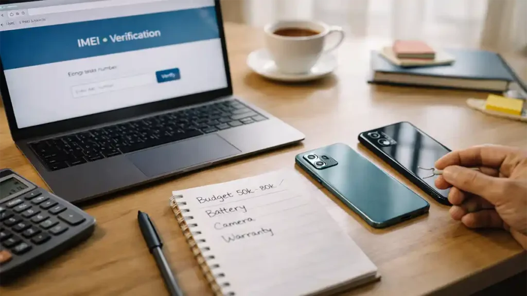 Laptop showing IMEI verification with two smartphones on a desk, illustrating PTA/DIRBS checks for buying a phone in Pakistan in 2026.