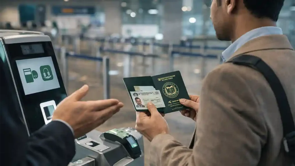 Overseas Pakistani holding passport and NICOP at Pakistan airport e-gate immigration counter in 2026