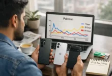 Pakistani buyer comparing S26 Ultra, iPhone 17 and Pixel 10a while viewing Pakistan Google Trends 7, 30 and 90 day chart on a laptop