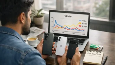 Pakistani buyer comparing S26 Ultra, iPhone 17 and Pixel 10a while viewing Pakistan Google Trends 7, 30 and 90 day chart on a laptop
