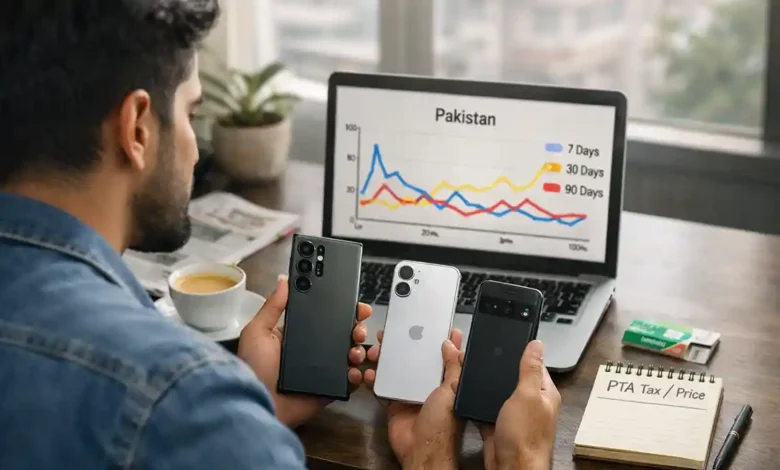 Pakistani buyer comparing S26 Ultra, iPhone 17 and Pixel 10a while viewing Pakistan Google Trends 7, 30 and 90 day chart on a laptop