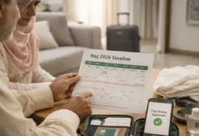 Pakistani couple reviewing Hajj 2026 timeline with visa approved status and travel essentials for Saudi Hajj 2026 visas