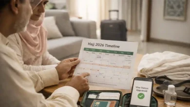 Pakistani couple reviewing Hajj 2026 timeline with visa approved status and travel essentials for Saudi Hajj 2026 visas