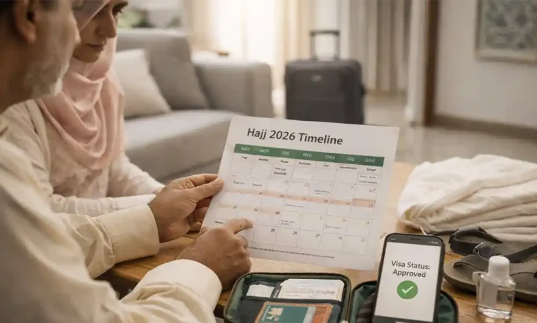 Pakistani couple reviewing Hajj 2026 timeline with visa approved status and travel essentials for Saudi Hajj 2026 visas