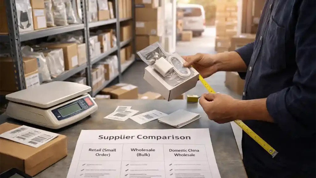 Pakistani business owner checking imported products, weighing parcels and comparing supplier order types in a small warehouse