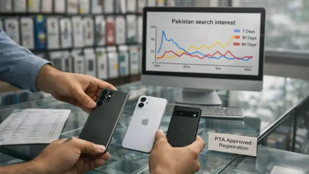 Mobile shop in Pakistan showing three smartphones on a glass counter with a Pakistan search interest chart for 7, 30 and 90 days